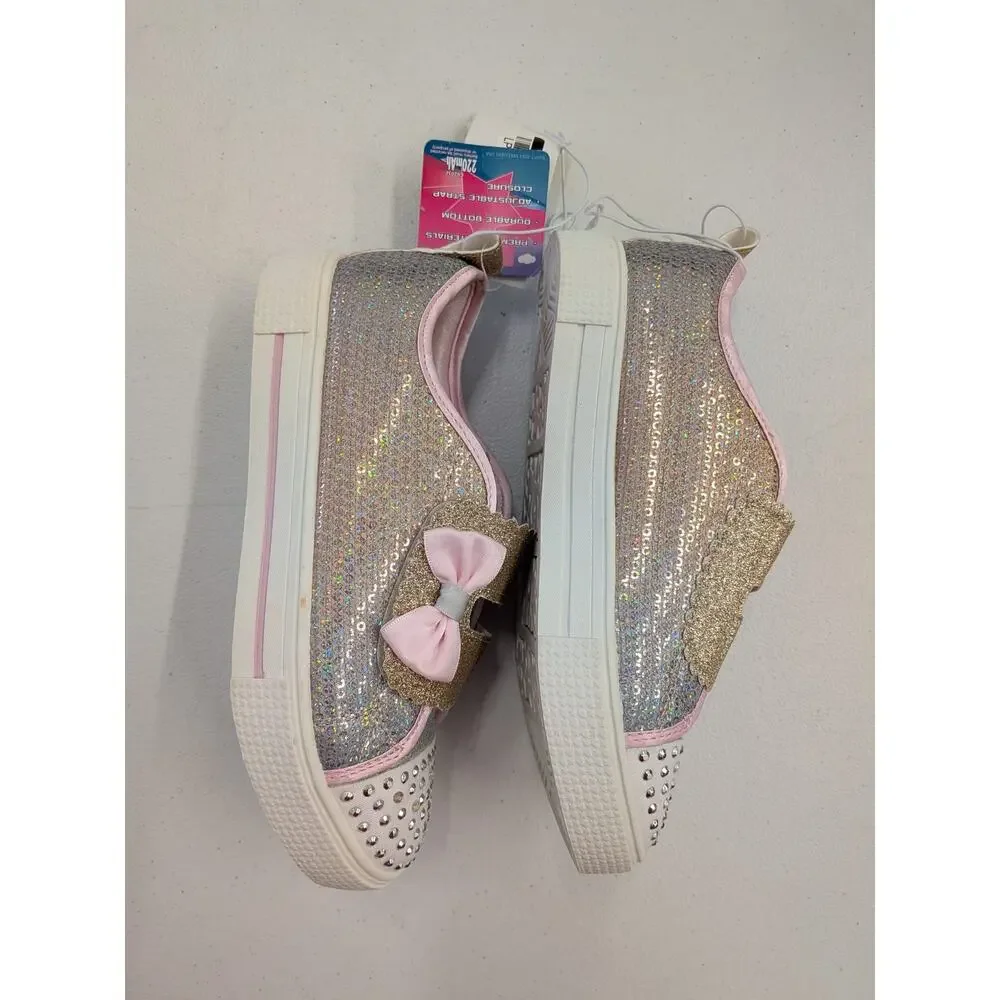 Crystal Stars Girls Glitter Sneakers Pink Gold Rhinestone Hook & Loop Shoes Siz1